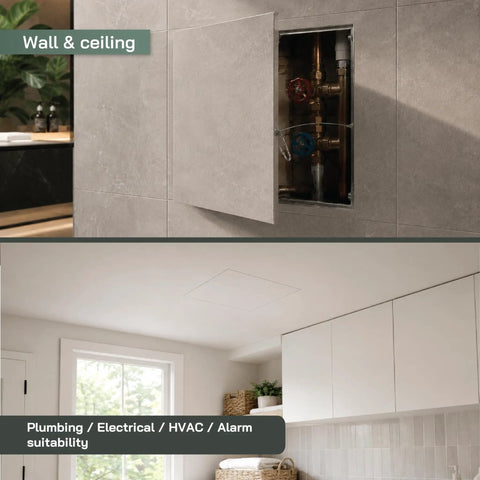 A Total Game Changer For Renos Rock Solid 16 By 16 Aluminum Wall Access Panel For Drywall opened to reveal plumbing pipes in a modern setting.