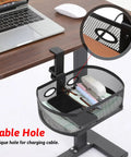 Under Desk Storage Drawer Organizer With Clamp On Mount 360 Degree Rotating Hanging Tray Basket showing cable hole and contents