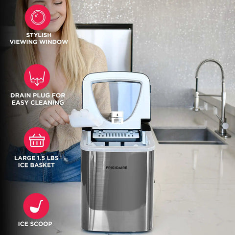 Portable Stainless Steel Countertop Ice Maker Machine That Whips Up To 26 Pounds Of Fast Freezing Cubes Daily with stylish viewing window
