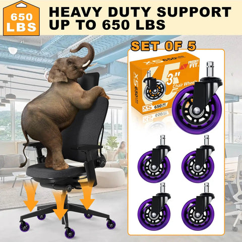 Office Chair Wheels Replacement Set Of 5 3 Inch Rubber Casters with elephant display, heavy duty, purple finish