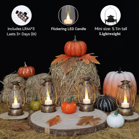 12-Pack Bronze Mini Lanterns With Remote Control, 5.1 Inch Tall Vintage Western Lanterns displayed on autumn-themed table