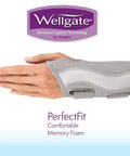 PerfectFit Wrist Brace For Women Right Hand Support with memory foam, worn on a woman's hand, displaying comfy design and adjustable fit.