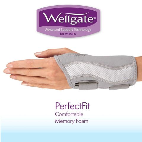 PerfectFit Wrist Brace For Women Right Hand Support with memory foam, worn on a woman's hand, displaying comfy design and adjustable fit.