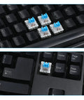 Blue 3 Pin Mechanical Keyboard Switches Pack 50 Pcs Pre Lubricated Dustproof Tactile Clicker Switches For Most Gaming Keyboards With Clear Housing And LED Backlight For Crisp Actuation And Smooth Upgrades on a black keyboard