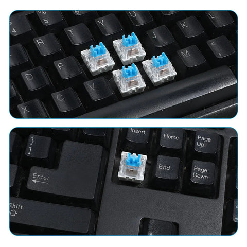Blue 3 Pin Mechanical Keyboard Switches Pack 50 Pcs Pre Lubricated Dustproof Tactile Clicker Switches For Most Gaming Keyboards With Clear Housing And LED Backlight For Crisp Actuation And Smooth Upgrades on a black keyboard