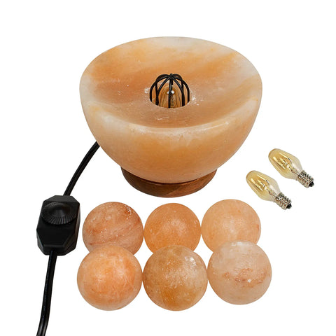 Fire Bowl Salt Lamp With Crystal Massage Balls Handcrafted From Pakistan, Calming Glow For Home Decor; wooden base, amber hue