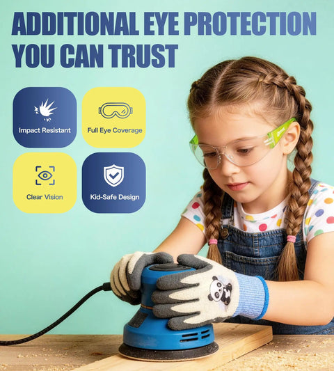 Young girl wearing Six Crew Pack Youth Safety Glasses With Anti Fog And Uv400 Tint built tough, using a sander for projects.