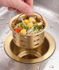 Gold Extended Sink Flange With Deep Basket Strainer For Kitchen Sink Drain, Fits 3-1/2 Inch Standard Openings, food debris trapped