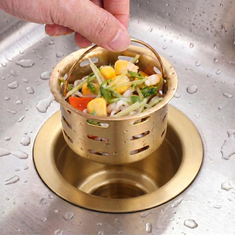 Gold Extended Sink Flange With Deep Basket Strainer For Kitchen Sink Drain, Fits 3-1/2 Inch Standard Openings, food debris trapped
