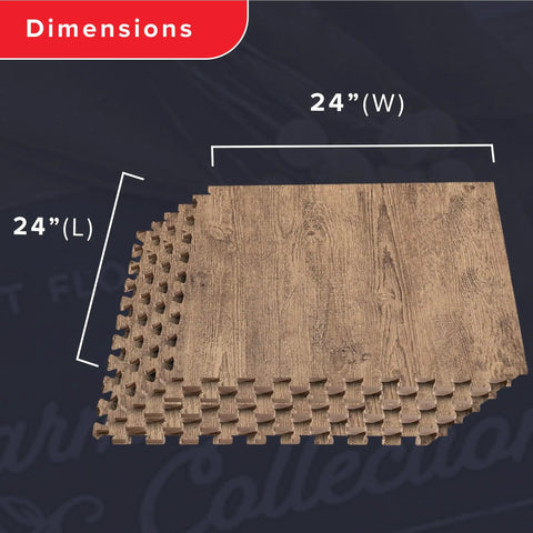 Wood Grain Interlocking Foam Floor Tiles 24x24 Inch Three Eighths Inch Thick Anti Fatigue Mats stack showing dimensions 24x24 inches