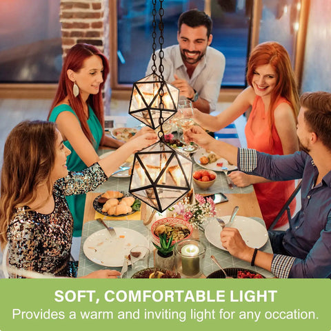 Dimmers LED Candelabra Bulbs E12 CA10 Flame Tip 2700K Warm White 300LM in pendant lights over dining table with people