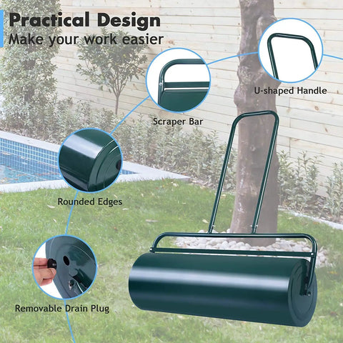 Lawn Roller 24 Inch Steel Push Pull Water Filled Do It All Yard Tool For Park Garden And Ball Field with U-shaped handle