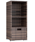 Outdoor Pool Towel Rack And Rattan Wicker Storage Cabinet Shed With Shelves And Drawer Waterproof Patio Organizer in brown.