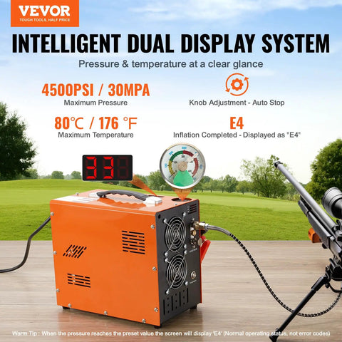Heavy Duty Portable PCP Air Compressor Pump Crushes Four Thousand Five Hundred PSI with dual display showing pressure and temperature.