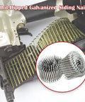 Hot-dipped galvanized siding nails in collated wire coil for CN45 framing gun, 3600 Count Siding Nails Two And One Half Inch By Point Nine Two Inch Fifteen Degree Ring Shank Hot Dipped Galvanized Exterior Heavy Duty