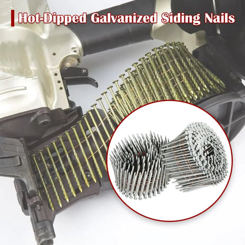 Hot-dipped galvanized siding nails in collated wire coil for CN45 framing gun, 3600 Count Siding Nails Two And One Half Inch By Point Nine Two Inch Fifteen Degree Ring Shank Hot Dipped Galvanized Exterior Heavy Duty