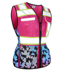 Women High Visibility Safety Vest Packing Nine Multi Pockets Sewn From Cool Breathable Mesh With Glowing Reflective Strips For Tough Job Sites Or Dusk Runs Built Different In Dope Rainbow Pink To Keep You Comfortable, displaying front with bright colors and multiple pockets.