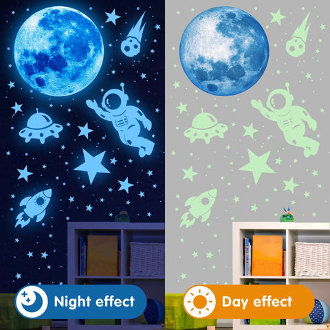 Glow In The Dark Stars And Planets Wall Sticker Set With 531 Pieces For Kids Room Decor Galaxy Theme Spacecraft Astronaut Rocket Aliens Planets And Stars Blue Out Of This World showing night and day effects