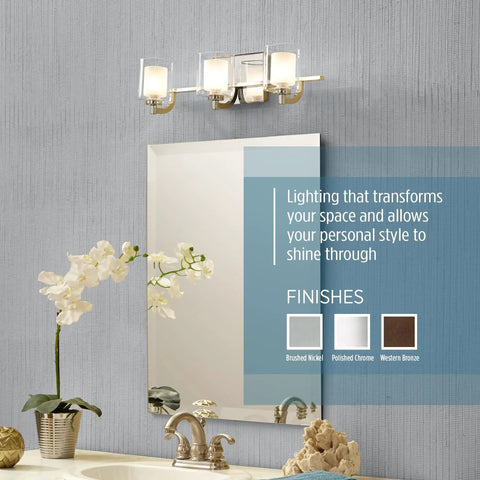 Kolt Modern Vanity Bath Lighting 3 Light LED Fixture in polished chrome above bathroom sink with mirror.