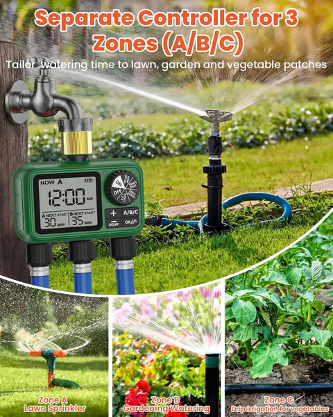 Outdoor Garden Water Timer For Hose With Auto Manual And Rain Delay Modes All In One 3 Zone Sprinkler Irrigation Controller