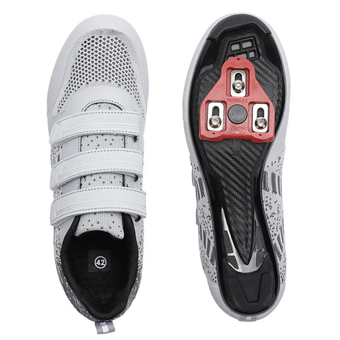 Road Bike And Indoor Cycling Shoes With Preinstalled Delta Cleats For Men Women, 3 Straps, Unisex Size 5.5 Gray, Top View