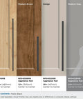 Various matte black pull handles on different wood finishes, featuring 24 Inch Center To Center Matte Black Appliance Pull Bar Handle.