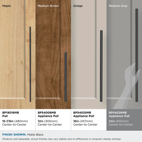 Various matte black pull handles on different wood finishes, featuring 24 Inch Center To Center Matte Black Appliance Pull Bar Handle.