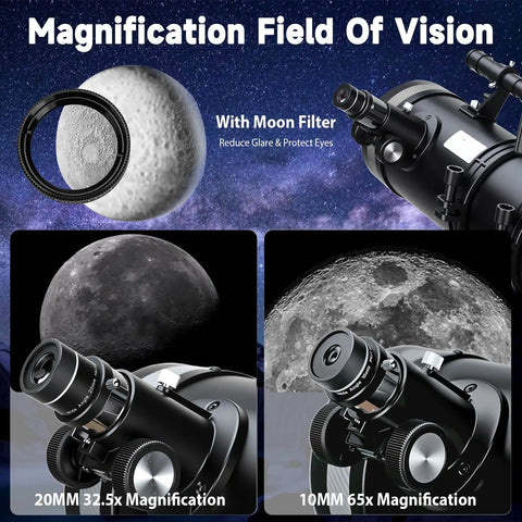 130mm Professional Astronomical Telescope With 650mm Focal Length For Bright Views Alt Az Mount With Fine Adjustment Dual Phone Adapters Moon Filter 65X And 32 Point 5X Magnification Ideal For Adults And Beginners, black telescope showing moon filter and eyepiece views