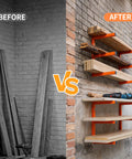 Image comparing a cluttered space with wood boards before and organized setup after with Heavy Duty Wall Mounted Lumber Rack Go Big Or Go Home Holds Over A Ton.