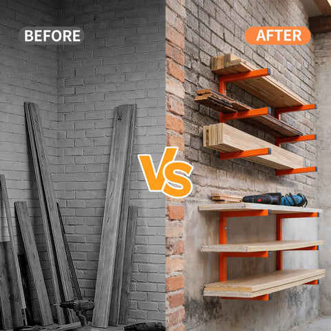 Image comparing a cluttered space with wood boards before and organized setup after with Heavy Duty Wall Mounted Lumber Rack Go Big Or Go Home Holds Over A Ton.