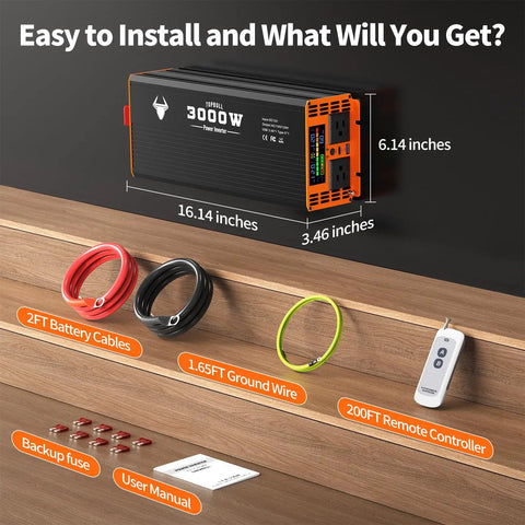 Rock Solid 3000 Watt Power Inverter For Car And Home 12V Dc To 110V Ac Converter with included cables and remote control.
