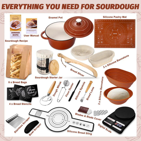 All In One Sourdough Starter Kit With Enamel Cast Iron Pot Complete Supplies and Tools for Home Bakers