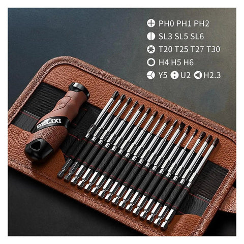 Ultimate 17-in-1 Precision Ratchet Screwdriver Set With Magnetic Bits For Electronics Repair And Home Auto Jobs That Seriously Rock., leather case with 17 chrome steel bits