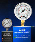 Shockproof glycerin pressure gauge comparison with ordinary oil gauge, highlighting excellent shock absorption and needle stability.