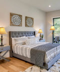 Bedroom with three piece living room lamp set with vintage table and floor lamps, sturdy iron bases and brown fabric shades, art deco inspired.