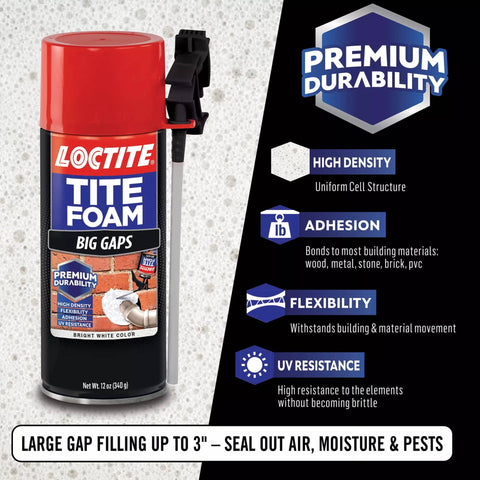 Big Gaps Spray Foam Sealant That Expands To Fill And Insulate Up To Three Inches, 12 Fl Oz Can, shown with usage benefits.