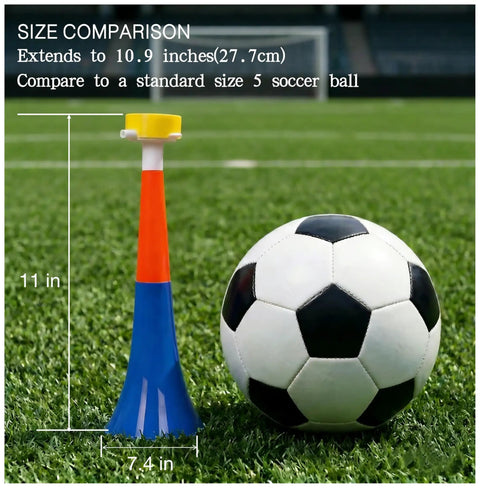 Six Pack Stadium Horns Vuvuzelas Extendable Eleven Inch Plastic Noise Makers For Game Day Tailgates next to soccer ball