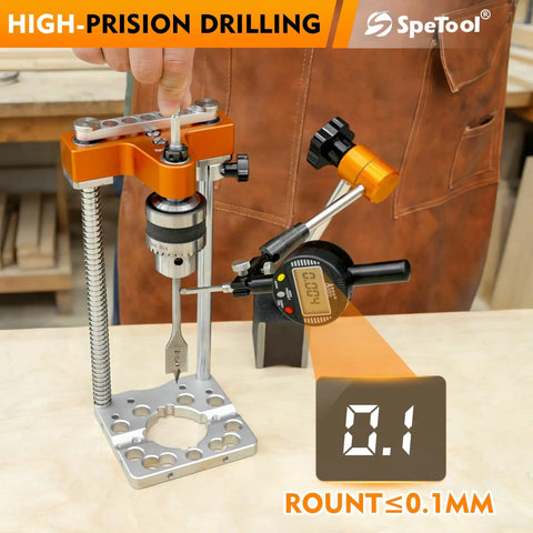 Auto Line Portable Drill Guide For Straight Holes Half Inch Keyed Chuck Hand Drill Press Adapter in woodshop setting.