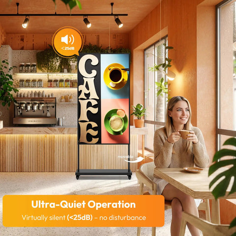 65 Inch Digital Signage Display For Shop Window Featuring 3000 Nits Hella Bright Sunlight Readable Lcd Monitor With Top Tier Contrast in a cafe setting.