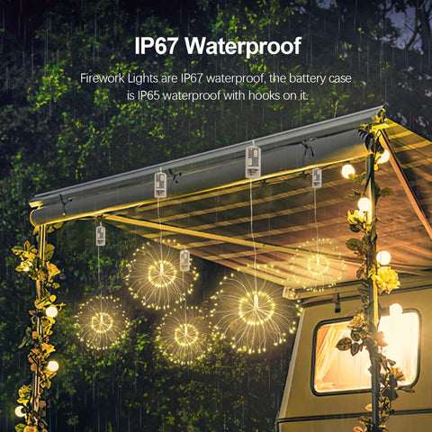 Lit 8 Pack LED Copper Wire Firework String Lights With Remote under canopy with IP65 waterproof feature, garden decor display.