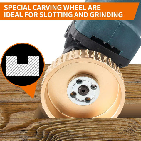 Pomsare 5-piece wood carving discs set for angle grinders, 4 in and 4-1/2 in, 5/8 in arbor; copper wheel mounted, front
