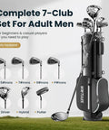 8 Piece Golf Club Set For Men With Stand Bag Driver Hybrid 5 7 9 Pitching Wedge Putter Right Handed Black displayed on grass
