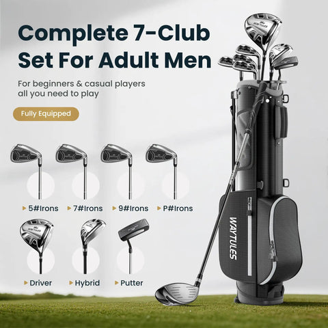 8 Piece Golf Club Set For Men With Stand Bag Driver Hybrid 5 7 9 Pitching Wedge Putter Right Handed Black displayed on grass