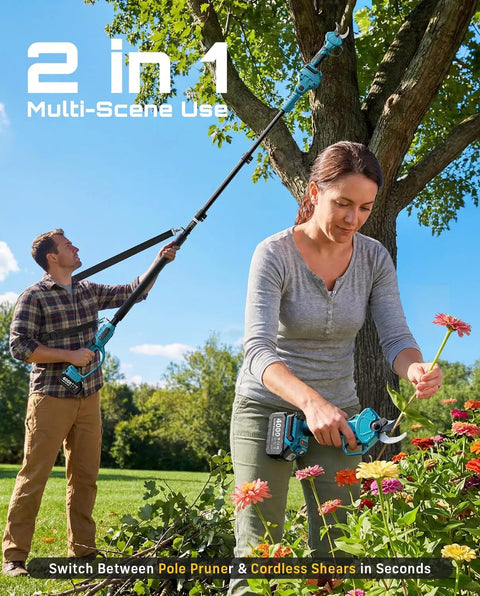 People using 2-In-1 Pole Pruning Shears With 1.6 Inch Cutting Diameter Cordless Electric Pruner in garden
