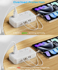 12 In 1 World Travel Adapter With 6 AC Sockets And 6 USB Ports Plus USB C Fast Charge Up To 4.5A 220V To 110V Voltage Converter showing overload protection indicator