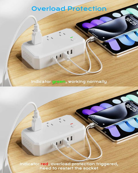 12 In 1 World Travel Adapter With 6 AC Sockets And 6 USB Ports Plus USB C Fast Charge Up To 4.5A 220V To 110V Voltage Converter showing overload protection indicator