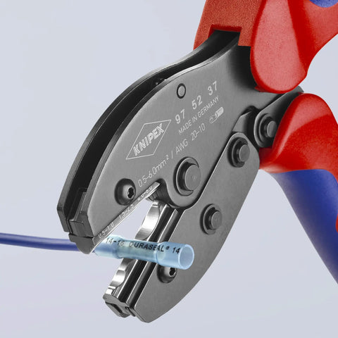 Close-up of Preciforce Crimp Lever Pliers For Insulated And Non-Insulated Ferrules, 5 Crimp Positions, 0.25-6 Mm2 in use