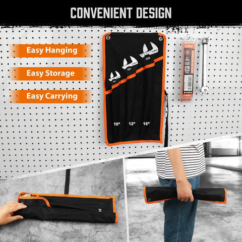 Heavy Duty Adjustable Spud Wrench Set 10 Inch, 12 Inch, 16 Inch with CR-V steel, black oxide finish in storage pouch