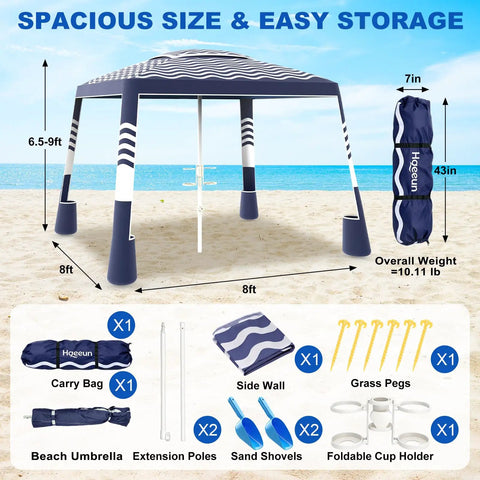 Beach Cabana Sun Shade Tent 8x8 Ft Portable Canopy With UPF 50 Plus Silver Coated Fabric Sandbags Side Wall Easy Setup Navy Stripes