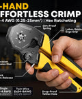 Hand holding ferrule crimping tool kit with self adjusting hex ratchet crimper for AWG 24 to 4 (0.25 to 25 mm2)
